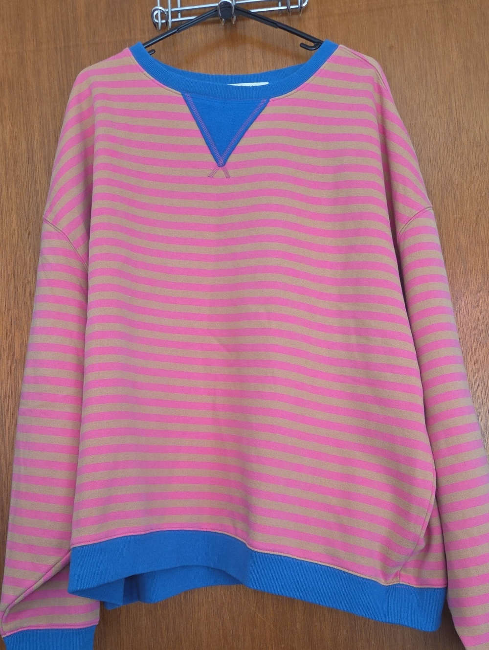 NATURAL LIFE Pink and Tan Striped Crewneck Sweater with Blue Trim